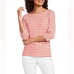 J. McLaughlin Wavesong stripe boat neck 3/4 sleeve button shoulder tee.